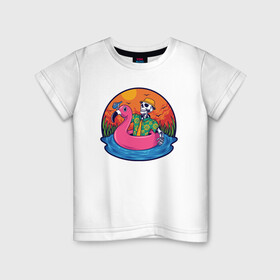 Детская футболка хлопок с принтом Скелет в надувном Фламинго в Новосибирске, 100% хлопок | круглый вырез горловины, полуприлегающий силуэт, длина до линии бедер | Тематика изображения на принте: закат | купание | лето | отдых | пляж | скелет | туризм | фламинго