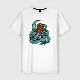 Мужская футболка хлопок Slim с принтом Осьминог напал на водолаза в Новосибирске, 92% хлопок, 8% лайкра | приталенный силуэт, круглый вырез ворота, длина до линии бедра, короткий рукав | водолаз | море | океан | осьминог | подводный мир | щупальцы