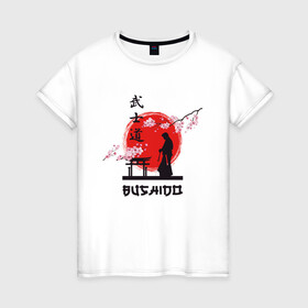 Женская футболка хлопок с принтом Самурай и сакура в Новосибирске, 100% хлопок | прямой крой, круглый вырез горловины, длина до линии бедер, слегка спущенное плечо | busido | japan | kamikadze | nippon | samurai | бусидо | воин | единоборства | камикадзе | ниппон | путь война | сакура | самурай | хагакурэ | япония