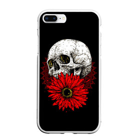 Чехол для iPhone 7Plus/8 Plus матовый с принтом Череп и Красный Цветок Skull в Новосибирске, Силикон | Область печати: задняя сторона чехла, без боковых панелей | Тематика изображения на принте: flowers | head | skulls | букет | голова | животные | кости | мозги | паттерн | полосы | природа | розы | скелет | текстура | узор | флора | хо | цветы | черепа | черный | яркий