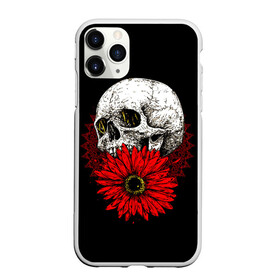 Чехол для iPhone 11 Pro Max матовый с принтом Череп и Красный Цветок Skull в Новосибирске, Силикон |  | flowers | head | skulls | букет | голова | животные | кости | мозги | паттерн | полосы | природа | розы | скелет | текстура | узор | флора | хо | цветы | черепа | черный | яркий