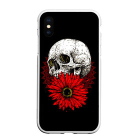 Чехол для iPhone XS Max матовый с принтом Череп и Красный Цветок Skull в Новосибирске, Силикон | Область печати: задняя сторона чехла, без боковых панелей | flowers | head | skulls | букет | голова | животные | кости | мозги | паттерн | полосы | природа | розы | скелет | текстура | узор | флора | хо | цветы | черепа | черный | яркий