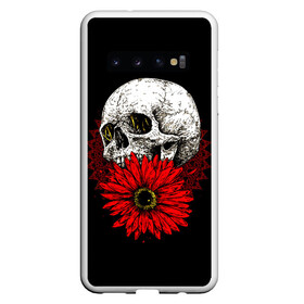 Чехол для Samsung Galaxy S10 с принтом Череп и Красный Цветок Skull в Новосибирске, Силикон | Область печати: задняя сторона чехла, без боковых панелей | Тематика изображения на принте: flowers | head | skulls | букет | голова | животные | кости | мозги | паттерн | полосы | природа | розы | скелет | текстура | узор | флора | хо | цветы | черепа | черный | яркий