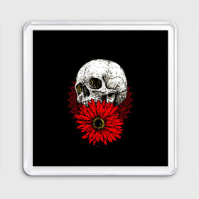 Магнит 55*55 с принтом Череп и Красный Цветок Skull в Новосибирске, Пластик | Размер: 65*65 мм; Размер печати: 55*55 мм | Тематика изображения на принте: flowers | head | skulls | букет | голова | животные | кости | мозги | паттерн | полосы | природа | розы | скелет | текстура | узор | флора | хо | цветы | черепа | черный | яркий
