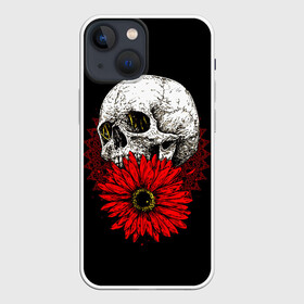 Чехол для iPhone 13 mini с принтом Череп и Красный Цветок | Skull в Новосибирске,  |  | flowers | head | skulls | букет | голова | животные | кости | мозги | паттерн | полосы | природа | розы | скелет | текстура | узор | флора | хо | цветы | черепа | черный | яркий