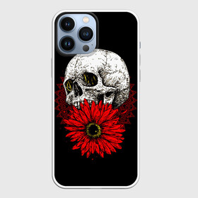 Чехол для iPhone 13 Pro Max с принтом Череп и Красный Цветок | Skull в Новосибирске,  |  | Тематика изображения на принте: flowers | head | skulls | букет | голова | животные | кости | мозги | паттерн | полосы | природа | розы | скелет | текстура | узор | флора | хо | цветы | черепа | черный | яркий