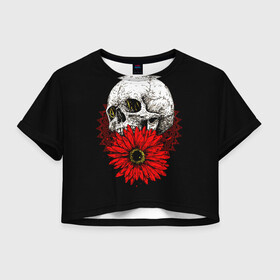 Женская футболка Crop-top 3D с принтом Череп и Красный Цветок Skull в Новосибирске, 100% полиэстер | круглая горловина, длина футболки до линии талии, рукава с отворотами | flowers | head | skulls | букет | голова | животные | кости | мозги | паттерн | полосы | природа | розы | скелет | текстура | узор | флора | хо | цветы | черепа | черный | яркий