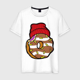 Мужская футболка хлопок с принтом Донатос в Новосибирске, 100% хлопок | прямой крой, круглый вырез горловины, длина до линии бедер, слегка спущенное плечо. | Тематика изображения на принте: donut | еда | кондитер | крутой | шапка