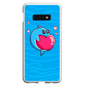 Чехол для Samsung S10E с принтом Дельфин с сердечком в Новосибирске, Силикон | Область печати: задняя сторона чехла, без боковых панелей | dolphin | дельфин | дельфинчик | море | морские | на голубом | с дельфином | с сердцем | сердечко