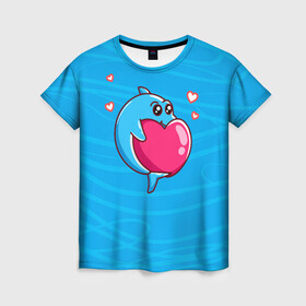 Женская футболка 3D с принтом Дельфин с сердечком в Новосибирске, 100% полиэфир ( синтетическое хлопкоподобное полотно) | прямой крой, круглый вырез горловины, длина до линии бедер | dolphin | дельфин | дельфинчик | море | морские | на голубом | с дельфином | с сердцем | сердечко