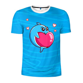 Мужская футболка 3D спортивная с принтом Дельфин с сердечком в Новосибирске, 100% полиэстер с улучшенными характеристиками | приталенный силуэт, круглая горловина, широкие плечи, сужается к линии бедра | dolphin | дельфин | дельфинчик | море | морские | на голубом | с дельфином | с сердцем | сердечко