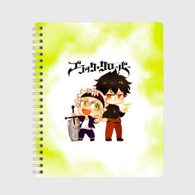 Тетрадь с принтом Аста и Юно Чёрный клевер в Новосибирске, 100% бумага | 48 листов, плотность листов — 60 г/м2, плотность картонной обложки — 250 г/м2. Листы скреплены сбоку удобной пружинной спиралью. Уголки страниц и обложки скругленные. Цвет линий — светло-серый
 | Тематика изображения на принте: asta | black bulls | black clover | quartet knights | yuno | акума | аниме | аста | блэк кловер | буракку куро:ба | демон | королевство клевера | король магов | лихт | магна | манга | пятилистник | черный бык | чёрный клев