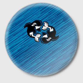 Значок с принтом Две косатки в Новосибирске,  металл | круглая форма, металлическая застежка в виде булавки | whale | кит | косатка | косатки | на синем | с косатками