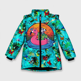 Зимняя куртка для девочек 3D с принтом Скелет в надувном Фламинго в Новосибирске, ткань верха — 100% полиэстер; подклад — 100% полиэстер, утеплитель — 100% полиэстер. | длина ниже бедра, удлиненная спинка, воротник стойка и отстегивающийся капюшон. Есть боковые карманы с листочкой на кнопках, утяжки по низу изделия и внутренний карман на молнии. 

Предусмотрены светоотражающий принт на спинке, радужный светоотражающий элемент на пуллере молнии и на резинке для утяжки. | Тематика изображения на принте: закат | купание | лето | отдых | пляж | скелет | туризм | фламинго
