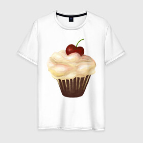 Мужская футболка хлопок с принтом Cupcake with cherry art в Новосибирске, 100% хлопок | прямой крой, круглый вырез горловины, длина до линии бедер, слегка спущенное плечо. | Тематика изображения на принте: art | cherry | cooking | cupcake | vypichka | yummy | арт | вишня | вкусняшка | выпичка | кекс | кулинария