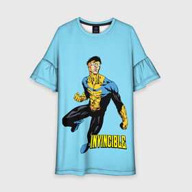 Детское платье 3D с принтом Invincible Неуязвимый в Новосибирске, 100% полиэстер | прямой силуэт, чуть расширенный к низу. Круглая горловина, на рукавах — воланы | boy | cartoon | damien darkblood | hero | invincible | superhero | герой | марк грейсон | мультик | мультсериал | непобедимый | неуязвимый | персонаж | супергерой