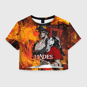 Женская футболка Crop-top 3D с принтом Hades в Новосибирске, 100% полиэстер | круглая горловина, длина футболки до линии талии, рукава с отворотами | hades | zagreus | аид | греческие боги | дионис | загрей | зевс