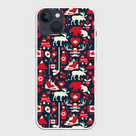 Чехол для iPhone 13 с принтом Канада в Новосибирске,  |  | bear | beaver | canada | country | elk | flag | heart | hockey | hockey stick | maple leaf | puck | skates | symbols | trees | бобр | горы | елки | канада | кленовый лист | клюшка | коньки | лось | медведь | рога | сердце | символика | страна | флаг | хок