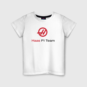 Детская футболка хлопок с принтом Haas F1 Team в Новосибирске, 100% хлопок | круглый вырез горловины, полуприлегающий силуэт, длина до линии бедер | Тематика изображения на принте: f1 | haas | грожан | магнуссен | мазепин | ф1 | феррари | формула 1 | хаас
