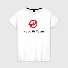 Женская футболка хлопок с принтом Haas F1 Team в Новосибирске, 100% хлопок | прямой крой, круглый вырез горловины, длина до линии бедер, слегка спущенное плечо | f1 | haas | грожан | магнуссен | мазепин | ф1 | феррари | формула 1 | хаас