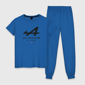 Женская пижама хлопок с принтом Alpine F1 team в Новосибирске, 100% хлопок | брюки и футболка прямого кроя, без карманов, на брюках мягкая резинка на поясе и по низу штанин | alpine | f1 | renault | team | рено | ф1 | фернандо алонсо | формула 1