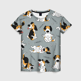 Женская футболка 3D с принтом Собаки Бигли в Новосибирске, 100% полиэфир ( синтетическое хлопкоподобное полотно) | прямой крой, круглый вырез горловины, длина до линии бедер | dog | бигли | бигль | животные | пес | природа | собака | собаки | собакчка | собачки