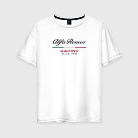 Женская футболка хлопок Oversize с принтом Alfa Romeo F1 Team в Новосибирске, 100% хлопок | свободный крой, круглый ворот, спущенный рукав, длина до линии бедер
 | alfa romeo | f1 | formula 1 | team | альфе ромео | антонио джовинации | кими райкконен | логотип | ф1 | формула 1