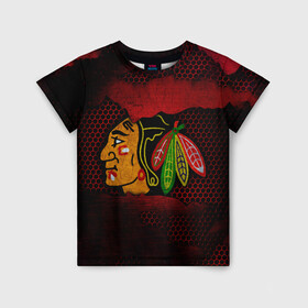 Детская футболка 3D с принтом CHICAGO NHL в Новосибирске, 100% гипоаллергенный полиэфир | прямой крой, круглый вырез горловины, длина до линии бедер, чуть спущенное плечо, ткань немного тянется | blackhawks | chicago | iron | logo | nhl | red | sport | usa | блэкхоукс | железо | логотип | нхл | сетка | спорт | сша | хоккей | чикаго