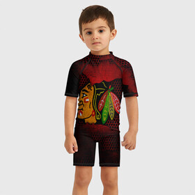 Детский купальный костюм 3D с принтом CHICAGO NHL в Новосибирске, Полиэстер 85%, Спандекс 15% | застежка на молнии на спине | blackhawks | chicago | iron | logo | nhl | red | sport | usa | блэкхоукс | железо | логотип | нхл | сетка | спорт | сша | хоккей | чикаго