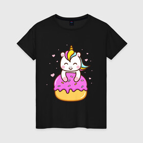 Женская футболка хлопок с принтом Милый единорог с пончиком в Новосибирске, 100% хлопок | прямой крой, круглый вырез горловины, длина до линии бедер, слегка спущенное плечо | cute | funny | pony | rainbow | unicorn | единорог | единорожка | милый | пони | пончик | радуга