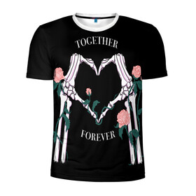 Мужская футболка 3D спортивная с принтом Вместе навсегда/together forever в Новосибирске, 100% полиэстер с улучшенными характеристиками | приталенный силуэт, круглая горловина, широкие плечи, сужается к линии бедра | Тематика изображения на принте: bones | flowers | forever | heart | love | кости | любовь | навсегда | сердечко | цветы