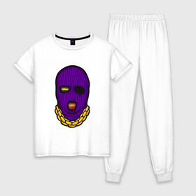 Женская пижама хлопок с принтом DaBaby Purple Mask в Новосибирске, 100% хлопок | брюки и футболка прямого кроя, без карманов, на брюках мягкая резинка на поясе и по низу штанин | gangster | golden | mask | music | rappers