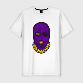 Мужская футболка хлопок Slim с принтом DaBaby Purple Mask в Новосибирске, 92% хлопок, 8% лайкра | приталенный силуэт, круглый вырез ворота, длина до линии бедра, короткий рукав | gangster | golden | mask | music | rappers