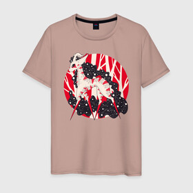 Мужская футболка хлопок с принтом Мифическое существо в Новосибирске, 100% хлопок | прямой крой, круглый вырез горловины, длина до линии бедер, слегка спущенное плечо. | авторский | арт | животные | иллюстрация | коза | козел | козерог | красный | милый | мистика | мистический | мифический | мифология | олень | персонаж | рисунок | рога | сказочный | создание | существо