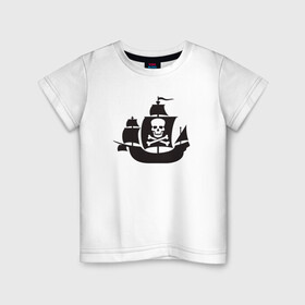Детская футболка хлопок с принтом Пиратский корабль в Новосибирске, 100% хлопок | круглый вырез горловины, полуприлегающий силуэт, длина до линии бедер | Тематика изображения на принте: captain | pirate | pirates | ship | skull | капитан | корабль | пират | череп | штурвал