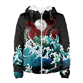 Женская куртка 3D с принтом Корабль на Волнах | Кракен в Новосибирске, ткань верха — 100% полиэстер, подклад — флис | прямой крой, подол и капюшон оформлены резинкой с фиксаторами, два кармана без застежек по бокам, один большой потайной карман на груди. Карман на груди застегивается на липучку | animal | beast | kraken | monster | moon | ocean | octopus | sea | ship | water | waves | вода | волны | животные | звери | корабль | кракен | луна | монстр | море | океан | осьминог | рыбы | щупальца