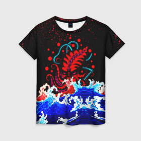 Женская футболка 3D с принтом Кровавый Кракен Монстр в Новосибирске, 100% полиэфир ( синтетическое хлопкоподобное полотно) | прямой крой, круглый вырез горловины, длина до линии бедер | animal | beast | blood | drops | kraken | monster | ocean | octopus | sea | water | waves | брызги | вода | волны | животные | звери | капли | кракен | кровь | монстр | море | океан | осьминог | рыбы | щупальца