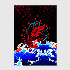 Постер с принтом Кровавый Кракен Монстр в Новосибирске, 100% бумага
 | бумага, плотность 150 мг. Матовая, но за счет высокого коэффициента гладкости имеет небольшой блеск и дает на свету блики, но в отличии от глянцевой бумаги не покрыта лаком | Тематика изображения на принте: animal | beast | blood | drops | kraken | monster | ocean | octopus | sea | water | waves | брызги | вода | волны | животные | звери | капли | кракен | кровь | монстр | море | океан | осьминог | рыбы | щупальца