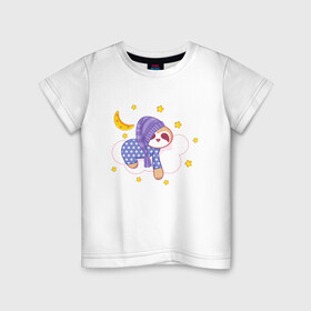 Детская футболка хлопок с принтом Сонный ленивец в Новосибирске, 100% хлопок | круглый вырез горловины, полуприлегающий силуэт, длина до линии бедер | звездочки | ленивец | лень | луна | месяц | ночная | ночь | сон | сонный | спокойной ночи