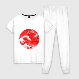 Женская пижама хлопок с принтом Волна в Канагаве в Новосибирске, 100% хлопок | брюки и футболка прямого кроя, без карманов, на брюках мягкая резинка на поясе и по низу штанин | аниме | бамбук | большая волна в канагаве | волна | красный | солнце | япония