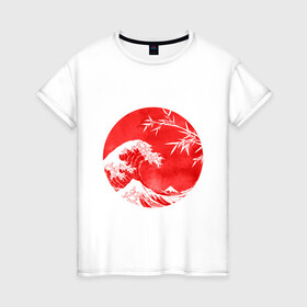 Женская футболка хлопок с принтом Волна в Канагаве в Новосибирске, 100% хлопок | прямой крой, круглый вырез горловины, длина до линии бедер, слегка спущенное плечо | аниме | бамбук | большая волна в канагаве | волна | красный | солнце | япония