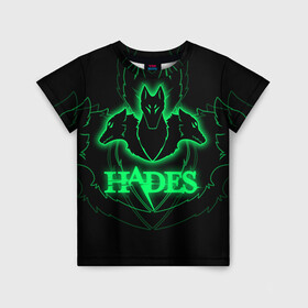Детская футболка 3D с принтом Hades в Новосибирске, 100% гипоаллергенный полиэфир | прямой крой, круглый вырез горловины, длина до линии бедер, чуть спущенное плечо, ткань немного тянется | hades | roguelike | бесконечные круги ада | волки | зелёные | компьютерная игра | светящиеся | эмблема