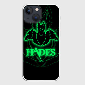 Чехол для iPhone 13 mini с принтом Hades в Новосибирске,  |  | hades | roguelike | бесконечные круги ада | волки | зелёные | компьютерная игра | светящиеся | эмблема