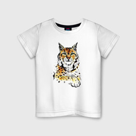 Детская футболка хлопок с принтом Рысь в Новосибирске, 100% хлопок | круглый вырез горловины, полуприлегающий силуэт, длина до линии бедер | большая | дикий | для него | для неё | звери. зверь | кошка | красивый | лес | подарок | принт | природа | пятна | рысь