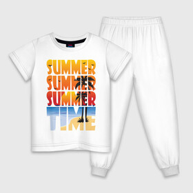 Детская пижама хлопок с принтом SUMMER TIME в Новосибирске, 100% хлопок |  брюки и футболка прямого кроя, без карманов, на брюках мягкая резинка на поясе и по низу штанин
 | Тематика изображения на принте: beach | holiday | print | sea | summer | sun | лето | море | острова | отдых | отпуск | пальмы | песок | пляж | солнце