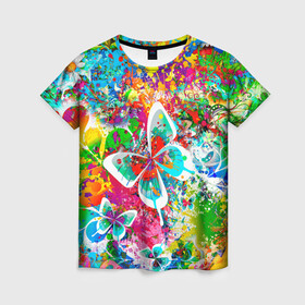Женская футболка 3D с принтом ЯРКИЕ КРАСКИ в Новосибирске, 100% полиэфир ( синтетическое хлопкоподобное полотно) | прямой крой, круглый вырез горловины, длина до линии бедер | butterfly | color | flower | rainbow | summer | бабочки | брызги | краски | лето | радуга | цвета | цветы