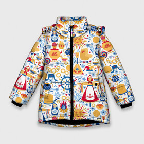 Зимняя куртка для девочек 3D с принтом Славянская символика в Новосибирске, ткань верха — 100% полиэстер; подклад — 100% полиэстер, утеплитель — 100% полиэстер. | длина ниже бедра, удлиненная спинка, воротник стойка и отстегивающийся капюшон. Есть боковые карманы с листочкой на кнопках, утяжки по низу изделия и внутренний карман на молнии. 

Предусмотрены светоотражающий принт на спинке, радужный светоотражающий элемент на пуллере молнии и на резинке для утяжки. | art | background | balalaika | bear | bonfire | carnival | fire | pancakes | samovar | slavic | sun | symbolism | texture | арт | балалайка | блины | костер | ложки | масленица | матрешка | медведь | огонь | петух | самовар | символика | славянская | солн