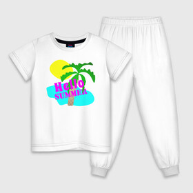 Детская пижама хлопок с принтом Hello summer в Новосибирске, 100% хлопок |  брюки и футболка прямого кроя, без карманов, на брюках мягкая резинка на поясе и по низу штанин
 | иностранные | лето | море | надписи | отдых | отпуск | пляж | путешествие | слова | солнце
