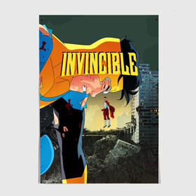 Постер с принтом INVINCIBLE в Новосибирске, 100% бумага
 | бумага, плотность 150 мг. Матовая, но за счет высокого коэффициента гладкости имеет небольшой блеск и дает на свету блики, но в отличии от глянцевой бумаги не покрыта лаком | allen | invincible | omni man | omniman | superhero | алиен | аллен | инвинсибл | неуязвимый | омнимэн | супергерои