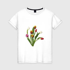 Женская футболка хлопок с принтом Букет разноцветных тюльпанов в Новосибирске, 100% хлопок | прямой крой, круглый вырез горловины, длина до линии бедер, слегка спущенное плечо | букет | иллюстрации | лето | популярные | тренды | тюльпаны | цветы